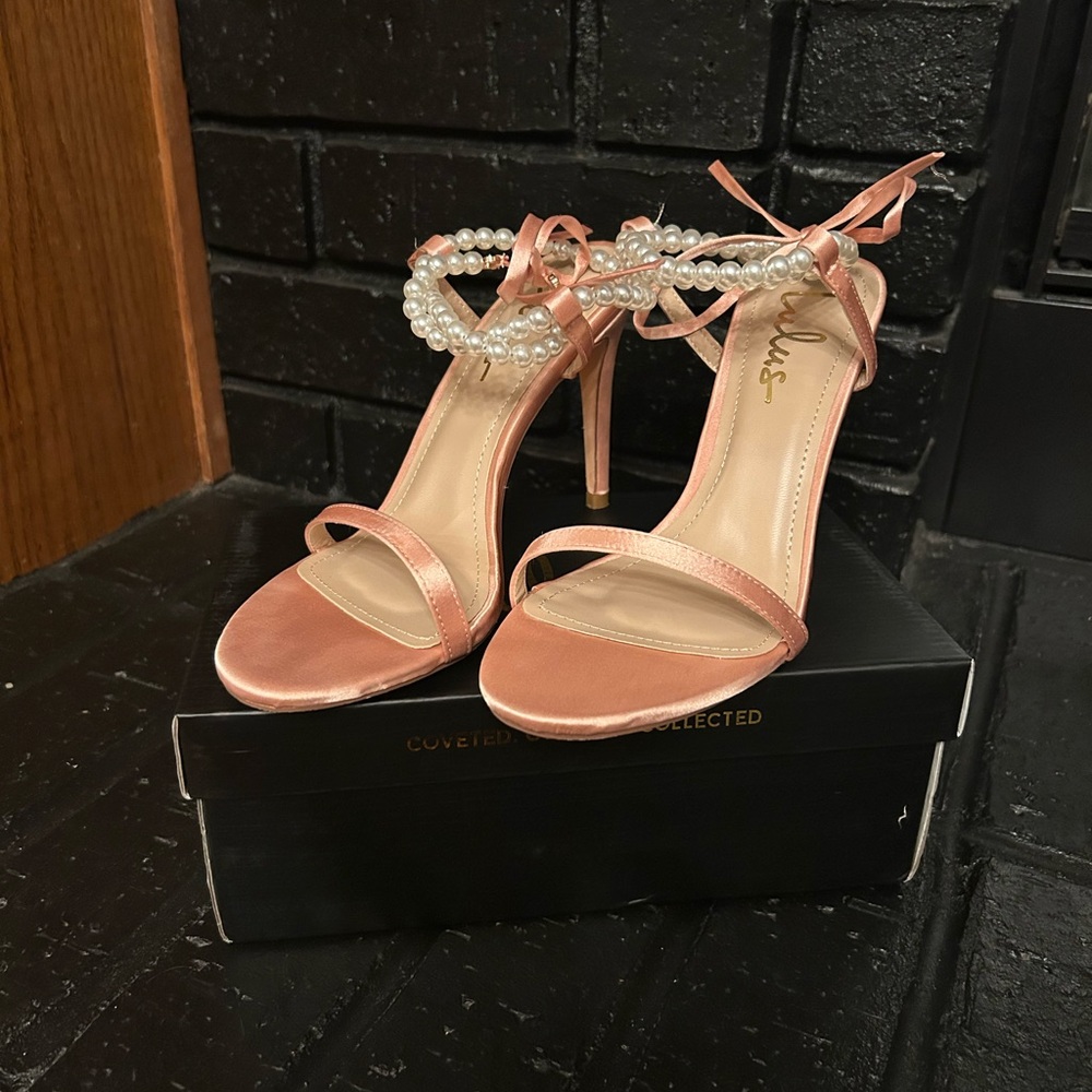 Letzy Rose Gold Satin Pearl Lace-Up High Heel Sandals